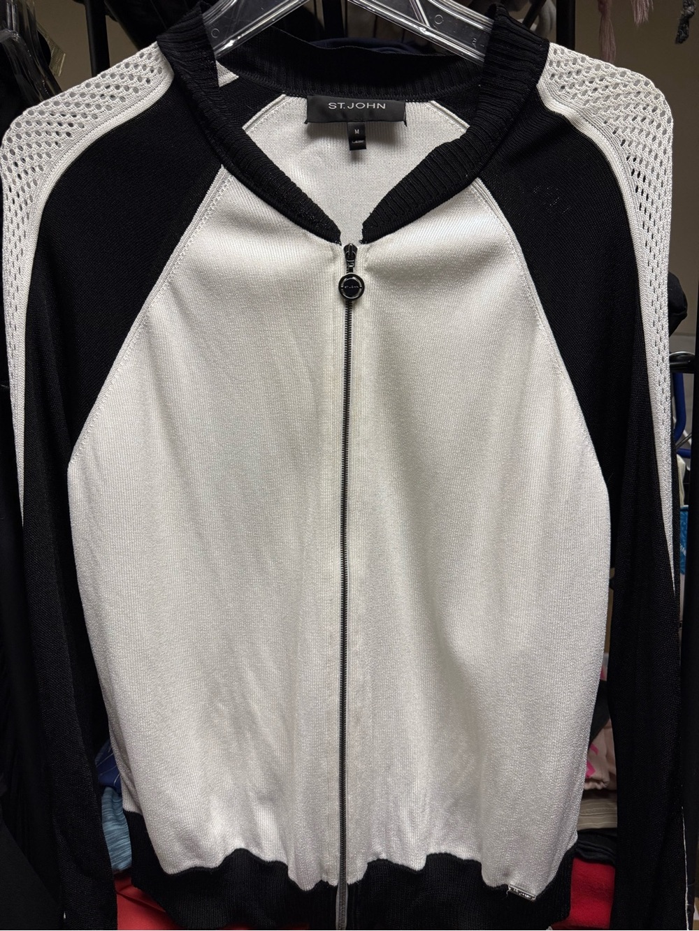 St. John Black & White Zip-Front Knit Bomber